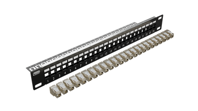 24 Port 1RU Cat6A STP Patch Panel with 24 x Cat6A Keystone Jacks