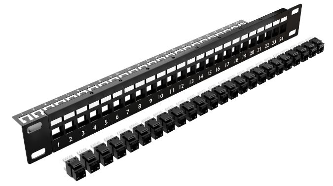 24 Port 1RU Cat6A UTP Patch Panel, Complete with 24 x Cat6A Keystone Jacks