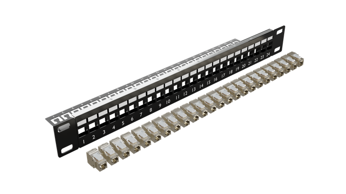 24 Port 1RU Cat6A STP Patch Panel with 24 x Cat6A Keystone Jacks